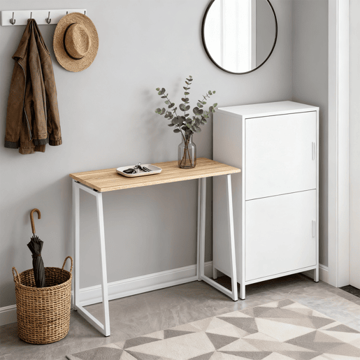 Mesa Dobrável De Metal Com Tampo Em Madeira Cor Carvalho Claro Estilo Moderno Ideal Para Escritório Ou Espaços Pequenos, Mesa De Computador Funcional E Compacta