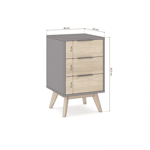 Mesa de cabeceira Numa 3 gavetas Gris Alpino 40 x 65,5 x 35 cm