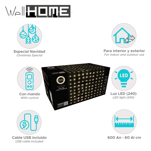 Conjunto de cortinas de luz Well Home com 240 luzes LED brancas quentes com controle remoto e 40 fios