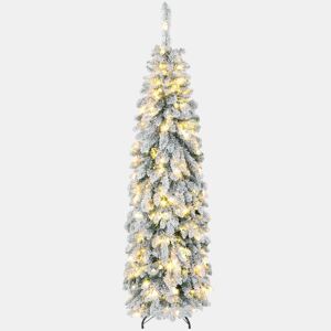 HOMCOM Árvore de Natal Estreita 180 cm Árvore de Natal Nevada com Luzes LED Bicolores Temporizador 11 Modos de Iluminação 540 Ramos Suporte em Aço Montagem Fácil Verde