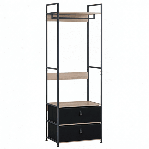 Closet aberto para quarto, 2 gavetas, barra suspensa Lofi em carvalho cambriano e cor preta com prateleira 60x175 cm