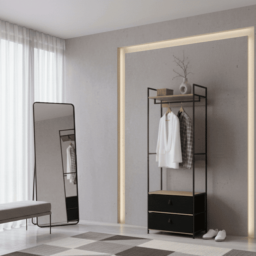 Closet aberto para quarto, 2 gavetas, barra suspensa Lofi em carvalho cambriano e cor preta com prateleira 60x175 cm