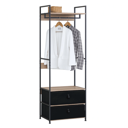 Closet aberto para quarto, 2 gavetas, barra suspensa Lofi em carvalho cambriano e cor preta com prateleira 60x175 cm
