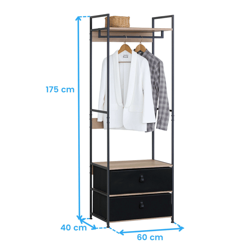 Closet aberto para quarto, 2 gavetas, barra suspensa Lofi em carvalho cambriano e cor preta com prateleira 60x175 cm