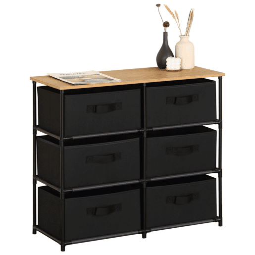 Cômoda auxiliar Roda com 6 gavetas para quarto em carvalho cambriano e preto com superfície em melamina 75,6x68x30 cm