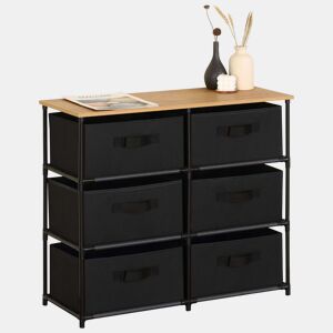 Cômoda auxiliar Roda com 6 gavetas para quarto em carvalho cambriano e preto com superfície em melamina 75,6x68x30 cm