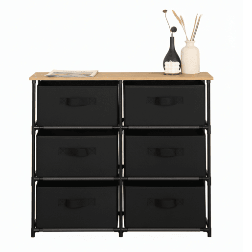 Cômoda auxiliar Roda com 6 gavetas para quarto em carvalho cambriano e preto com superfície em melamina 75,6x68x30 cm