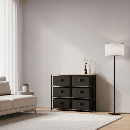 Cômoda auxiliar Roda com 6 gavetas para quarto em carvalho cambriano e preto com superfície em melamina 75,6x68x30 cm