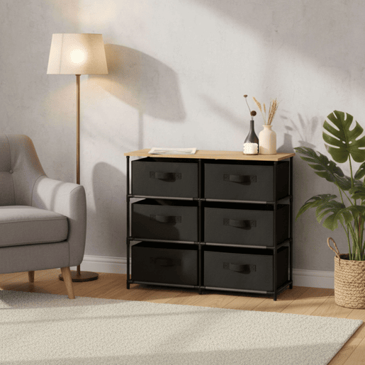 Cômoda auxiliar Roda com 6 gavetas para quarto em carvalho cambriano e preto com superfície em melamina 75,6x68x30 cm