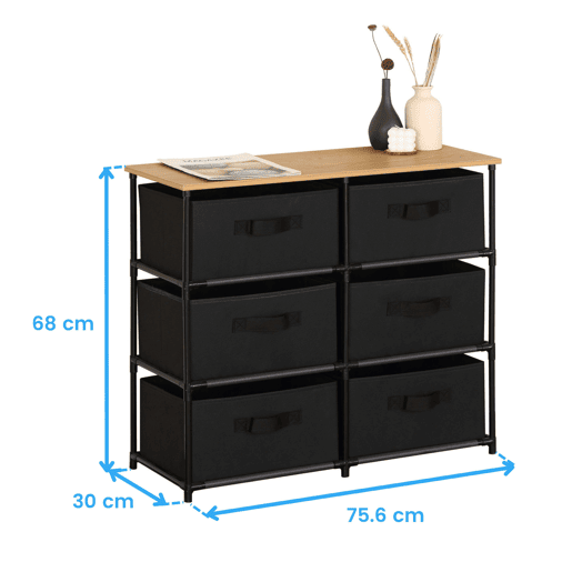 Cômoda auxiliar Roda com 6 gavetas para quarto em carvalho cambriano e preto com superfície em melamina 75,6x68x30 cm