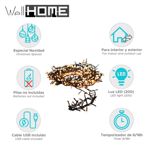 Well Home 200 Luzes de LED Branco Quente com 8 Funções e Temporizador