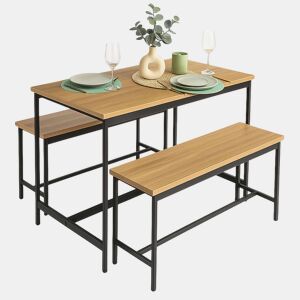Conjunto de mesa de cozinha fixa com 2 bancos, móveis de cozinha Lari em carvalho cambriano e preto, mesa 110x75x60 cm e 2 bancos 98x45x30 cm