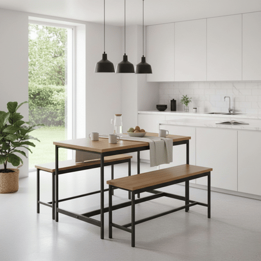 Conjunto de mesa de cozinha fixa com 2 bancos, móveis de cozinha Lari em carvalho cambriano e preto, mesa 110x75x60 cm e 2 bancos 98x45x30 cm