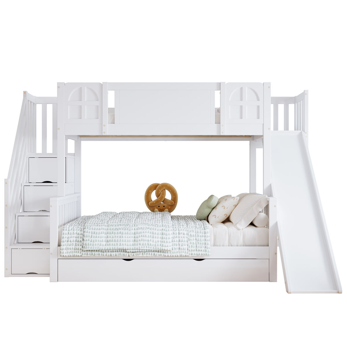 Cama litera 90x200cm - con ventana, tobogán, cajones con ruedas, escaleras con pasamanos y 4 compartimentos - blanco