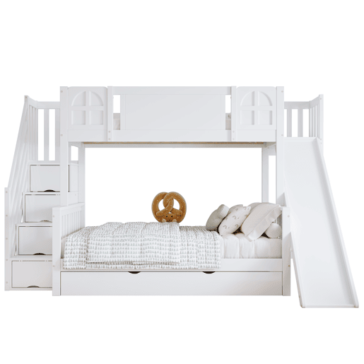 Beliche 90x200 cm - Com janela, escorregador, gavetas com rodinhas, escada com corrimão e 4 compartimentos - Branco