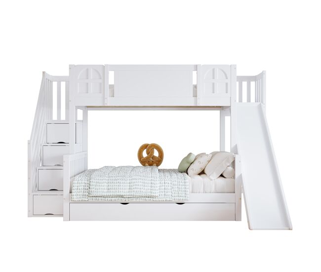 Cama litera 90x200cm - con ventana, tobogán, cajones con ruedas, escaleras con pasamanos y 4 compartimentos - blanco