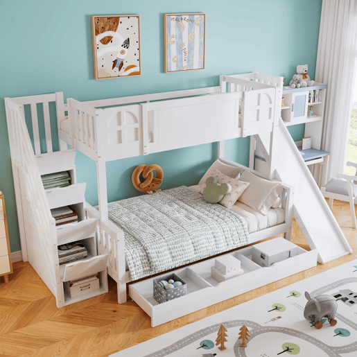 Beliche 90x200 cm - Com janela, escorregador, gavetas com rodinhas, escada com corrimão e 4 compartimentos - Branco