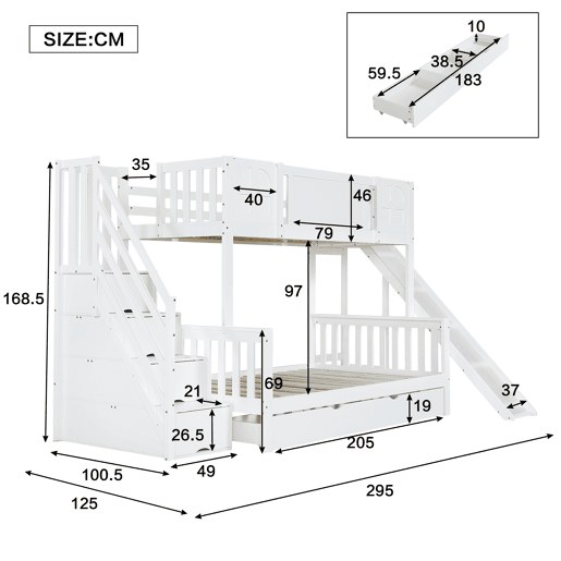 Beliche 90x200 cm - Com janela, escorregador, gavetas com rodinhas, escada com corrimão e 4 compartimentos - Branco