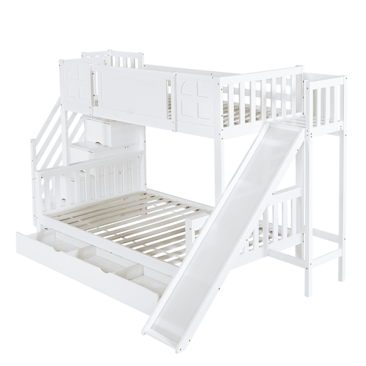 Beliche 90x200 cm - Com janela, escorregador, gavetas com rodinhas, escada com corrimão e 4 compartimentos - Branco