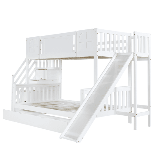 Beliche 90x200 cm - Com janela, escorregador, gavetas com rodinhas, escada com corrimão e 4 compartimentos - Branco
