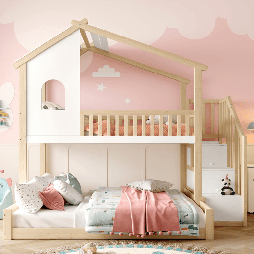 Litera 90x200cm+140x200cm - com barreira de cama, escada com arrumação, janela e design de casinha - natural e branco