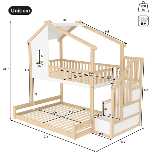 Litera 90x200cm+140x200cm - com barreira de cama, escada com arrumação, janela e design de casinha - natural e branco