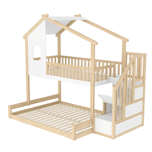 Litera 90x200cm+140x200cm - com barreira de cama, escada com arrumação, janela e design de casinha - natural e branco