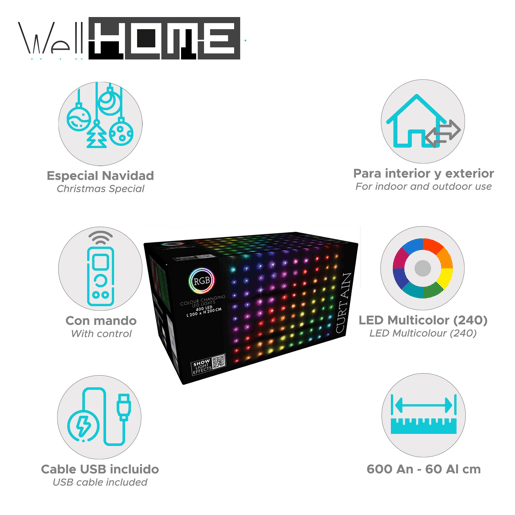 Conjunto de cortinas de luz LED RGB Well Home 240 com controle remoto de 40 cordas