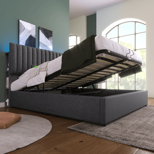Cama de casal 160x200cm - Polsterbett com arrumação, LED, controlo por aplicação, carregamento USB Tipo C, cabeceira ajustável - Cinza