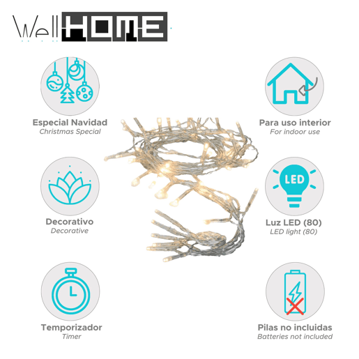 Well Home 80 Luzes de LED Branco Quente com Temporizador e Cabo Transparente