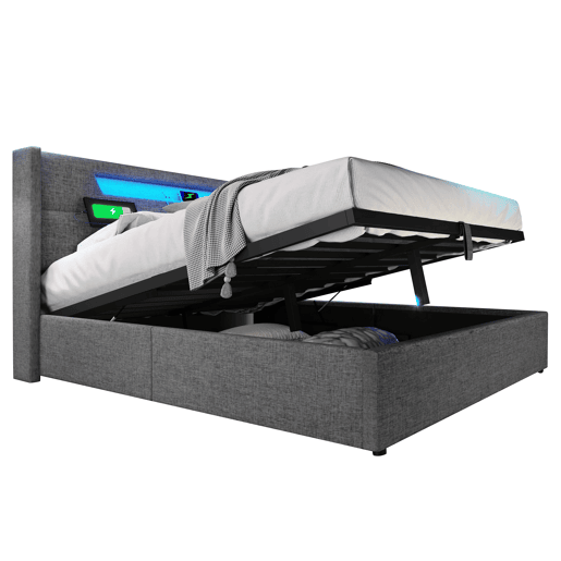 Cama estofada 140x200 - com função de carregamento USB tipo C e luz LED - Bege