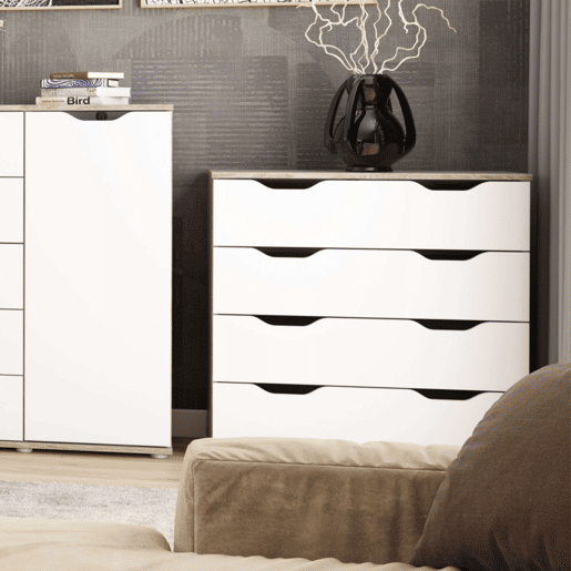 Cômoda com 4 gavetas, armário de armazenamento, móveis de quarto modernos, carvalho Parc Sonoma e branco, 80x79x38 cm