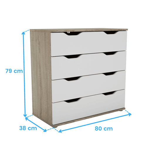 Cômoda com 4 gavetas, armário de armazenamento, móveis de quarto modernos, carvalho Parc Sonoma e branco, 80x79x38 cm