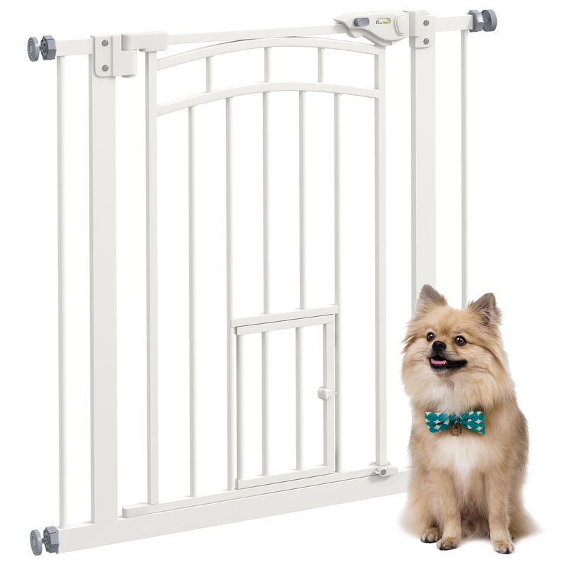 Pawhut barrera de seguridad para perros extensible 74-80 cm, para puertas y escaleras, barrera para perros con montaje a presión, puerta pequeña y doble bloqueo, blanco