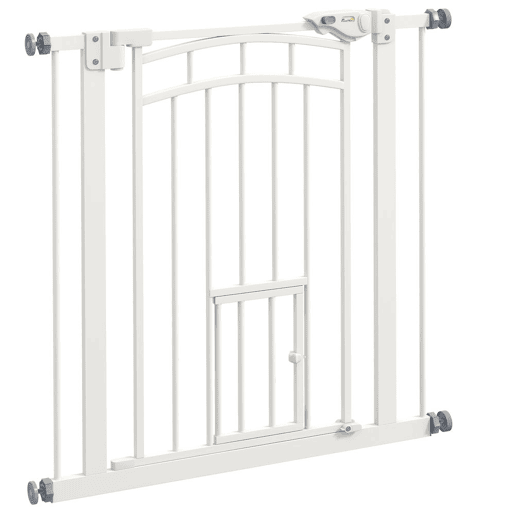PawHut Barreira de Segurança para Cães 74-80 cm para Portas e Escadas Porta de Segurança para Animais com Montagem a Pressão e Duplo Bloqueio Branco