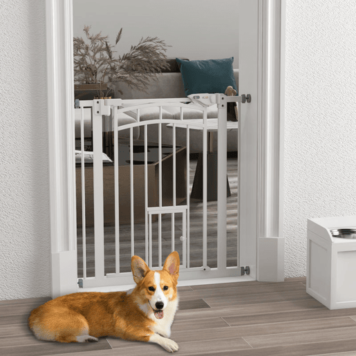 PawHut Barreira de Segurança para Cães 74-80 cm para Portas e Escadas Porta de Segurança para Animais com Montagem a Pressão e Duplo Bloqueio Branco