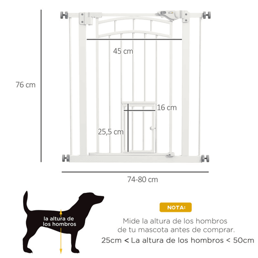 PawHut Barreira de Segurança para Cães 74-80 cm para Portas e Escadas Porta de Segurança para Animais com Montagem a Pressão e Duplo Bloqueio Branco