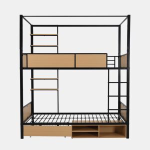 Cama alta 90x200 - Cama de ferro + MDF, prateleira lateral dupla, grades e escadas resistentes, arrumação debaixo da cama, cortina superior opcional - Preto+Natural
