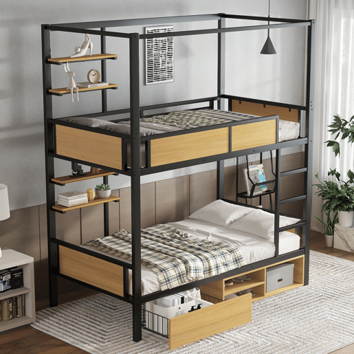 Cama alta 90x200 - Cama de ferro + MDF, prateleira lateral dupla, grades e escadas resistentes, arrumação debaixo da cama, cortina superior opcional - Preto+Natural