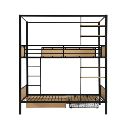 Cama alta 90x200 - Cama de ferro + MDF, prateleira lateral dupla, grades e escadas resistentes, arrumação debaixo da cama, cortina superior opcional - Preto+Natural