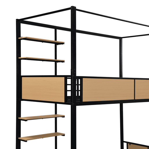 Cama alta 90x200 - Cama de ferro + MDF, prateleira lateral dupla, grades e escadas resistentes, arrumação debaixo da cama, cortina superior opcional - Preto+Natural