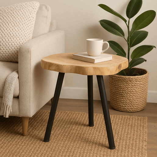 Mesa lateral removível de teca com pés de metal preto