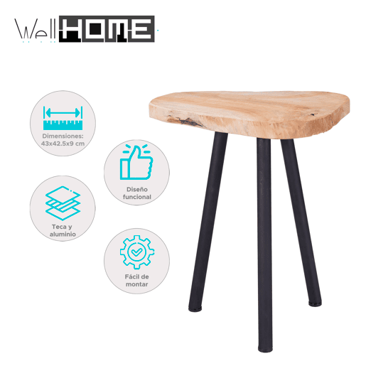 Mesa lateral removível de teca com pés de metal preto