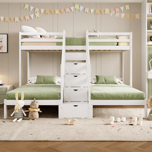 Cama alta 90x200cm - 3 camas, madeira de pinho, escada com gavetas, corrimão, certificado EN 747 - branco