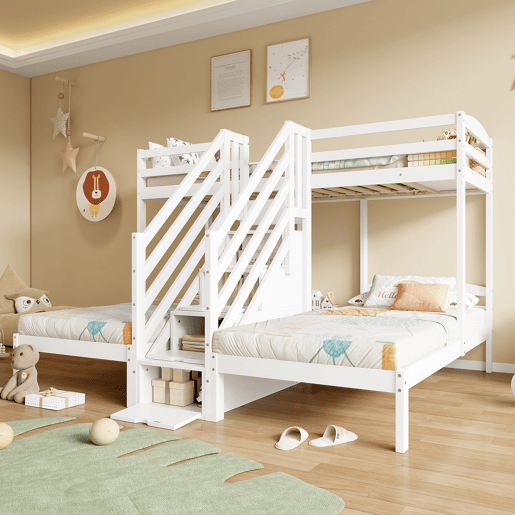 Cama alta 90x200cm - 3 camas, madeira de pinho, escada com gavetas, corrimão, certificado EN 747 - branco