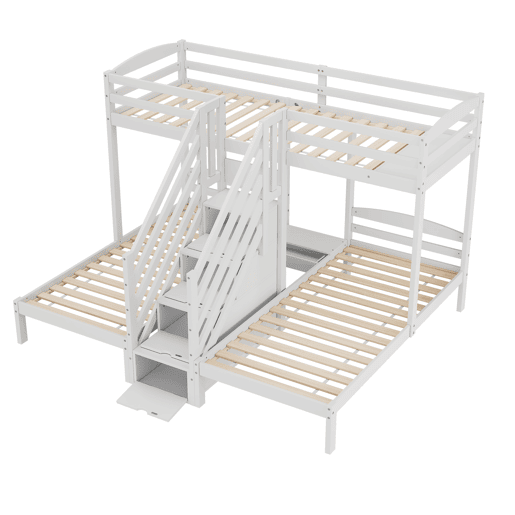 Cama alta 90x200cm - 3 camas, madeira de pinho, escada com gavetas, corrimão, certificado EN 747 - branco