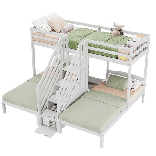 Cama alta 90x200cm - 3 camas, madeira de pinho, escada com gavetas, corrimão, certificado EN 747 - branco