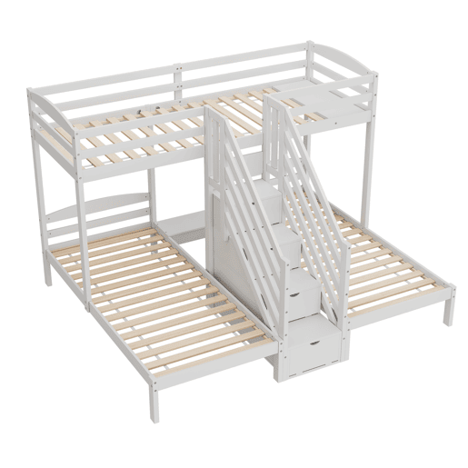 Cama alta 90x200cm - 3 camas, madeira de pinho, escada com gavetas, corrimão, certificado EN 747 - branco