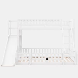 Cama beliche 90x200 cm e 140x200 cm - Corrimão, madeira de pinho, escorregador, escadas, En747, várias prateleiras, porta pequena extensível - Branco