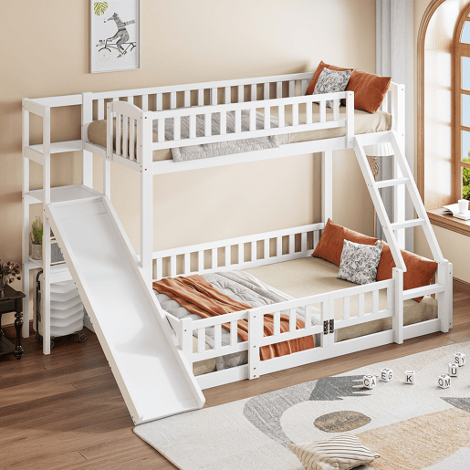 Cama beliche 90x200 cm e 140x200 cm - Corrimão, madeira de pinho, escorregador, escadas, En747, várias prateleiras, porta pequena extensível - Branco